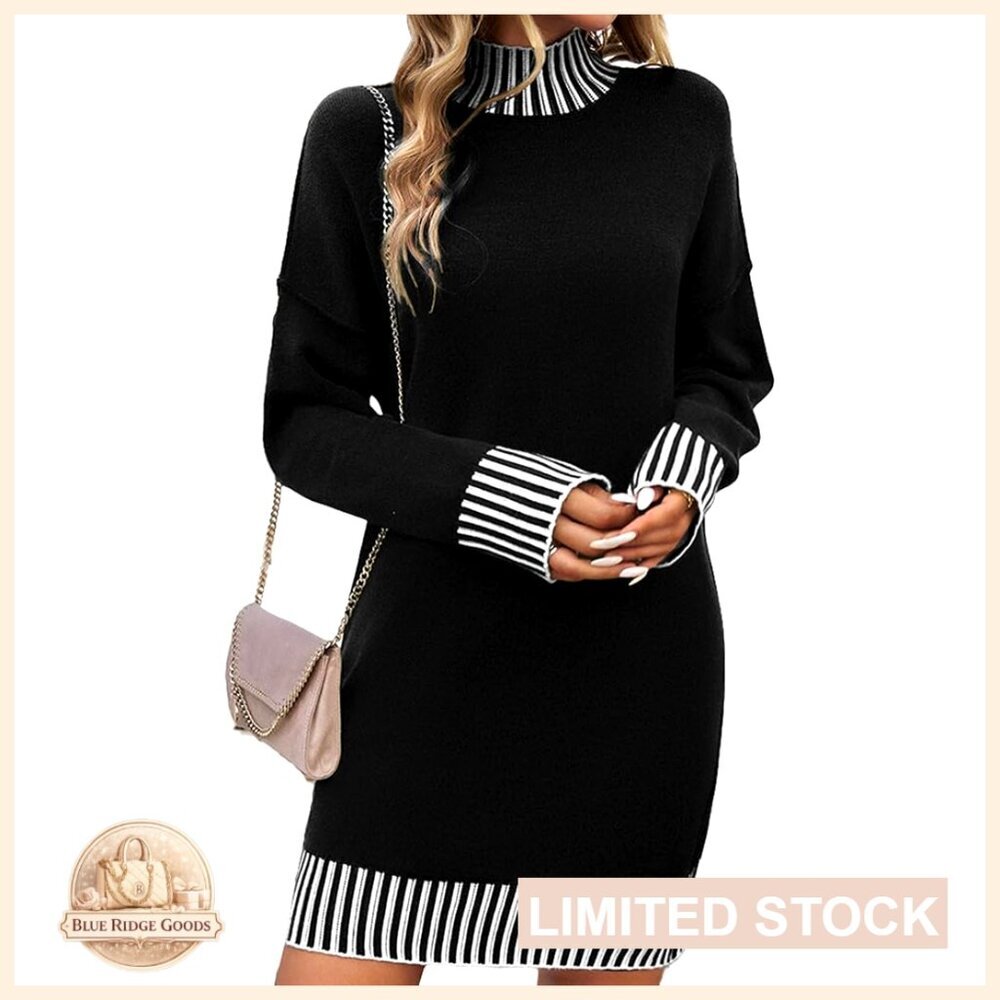 Color Block Sweater Dress Mini Mock Neck Long Sleeve Casual Chic Knit